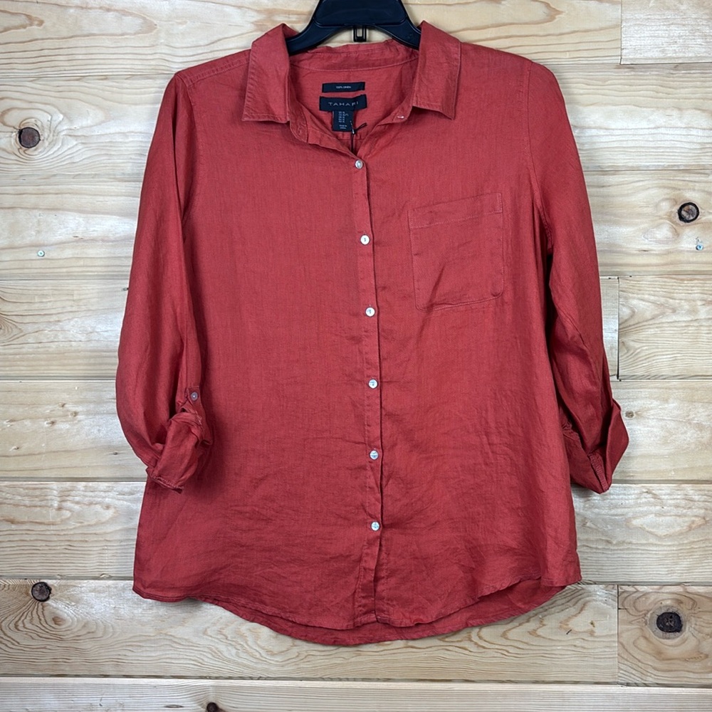 Tahari 100% Linen Button Down Blouse Top Roll Tab Long Sleeve XL NWT